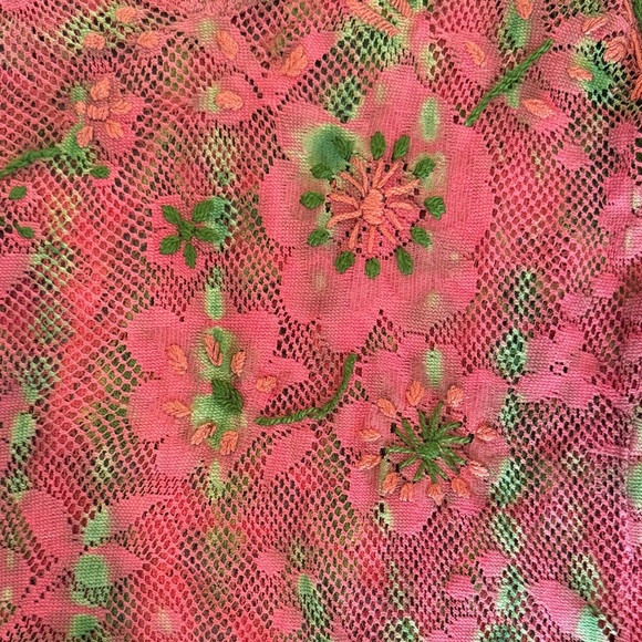 Raj Boho Floral Embroidered Coral & Green Cotton Mesh Tunic Size Medium - Picture 7 of 12